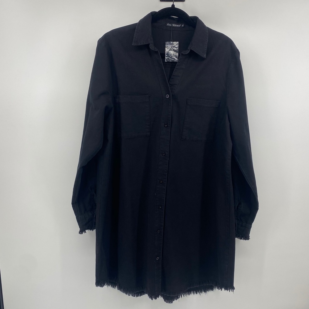 Zilcremo Shirt Dress Womens XL Black Denim Button Down Frayed Hem Long Shacket